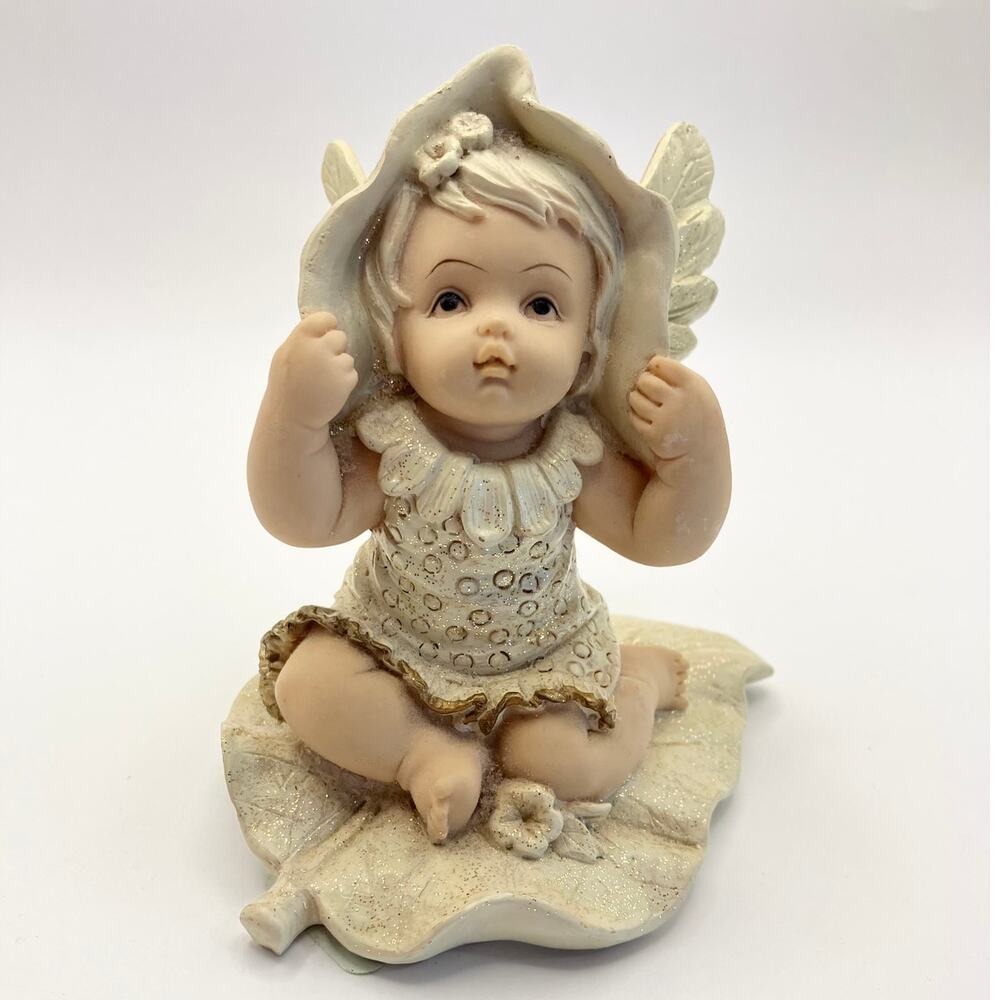 Vintage Baby Angel Figurine with‎ Wings Sitting on Leaf Base